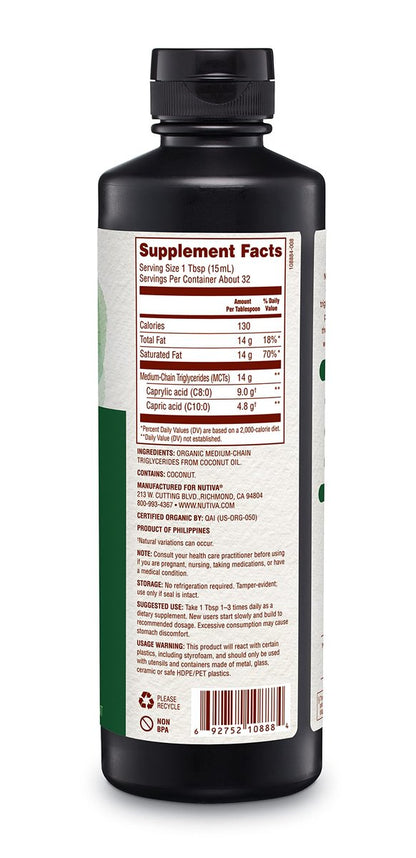 Nutiva Bio MCT-Öl, Keto-freundlich, USDA Bio, Nicht-GVO, 16 Fl Oz (1er-Pack)