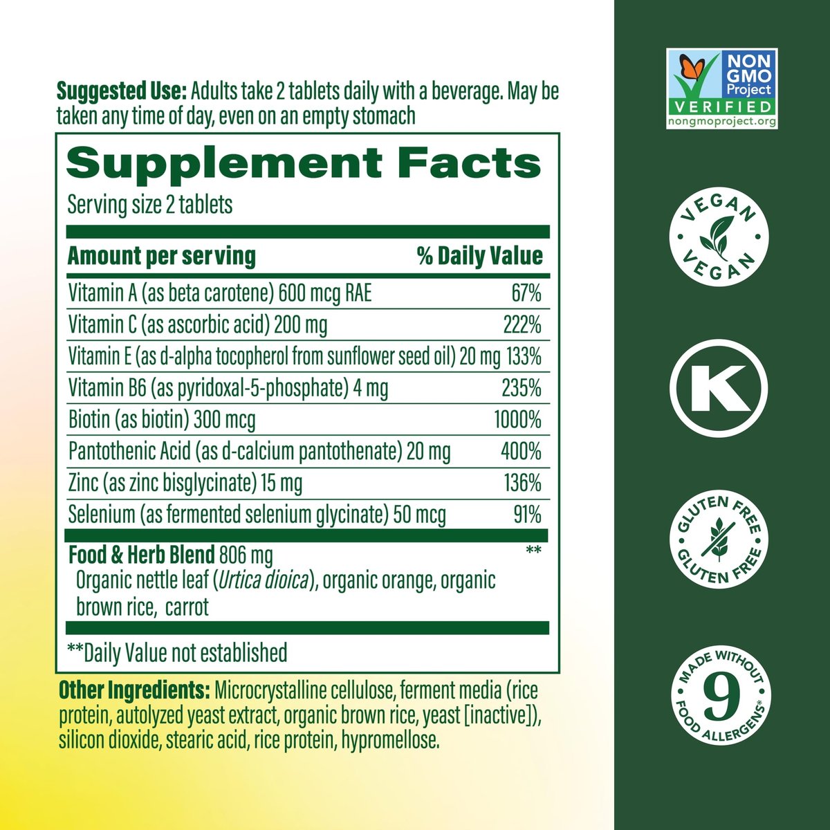 MegaFood Haut, Nägel & Haare 2 - Vitamine für Frauen & Männer - Biotin, Vitamin A, C, Zink, B6, E, Pantothensäure - Vegan - Ohne 9 Lebensmittelallergene - 60 Tabletten (30 Portionen)