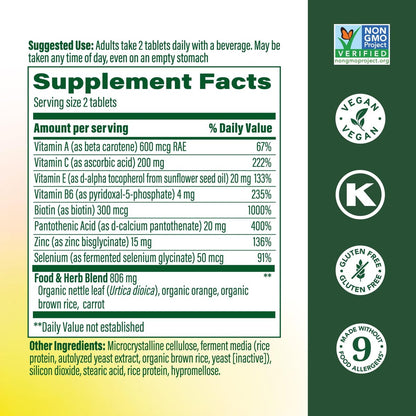 MegaFood Haut, Nägel & Haare 2 - Vitamine für Frauen & Männer - Biotin, Vitamin A, C, Zink, B6, E, Pantothensäure - Vegan - Ohne 9 Lebensmittelallergene - 60 Tabletten (30 Portionen)