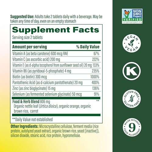 MegaFood Haut, Nägel & Haare 2 - Vitamine für Frauen & Männer - Biotin, Vitamin A, C, Zink, B6, E, Pantothensäure - Vegan - Ohne 9 Lebensmittelallergene - 60 Tabletten (30 Portionen)