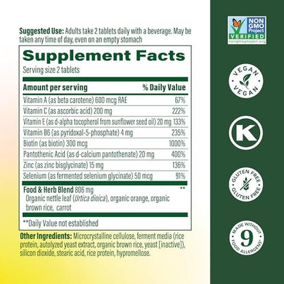MegaFood Haut, Nägel & Haare 2 - Vitamine für Frauen & Männer - Biotin, Vitamin A, C, Zink, B6, E, Pantothensäure - Vegan - Ohne 9 Lebensmittelallergene - 60 Tabletten (30 Portionen)