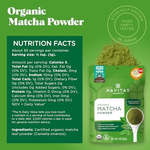 Navitas Organics Matcha-Pulver – Für Tee, Latte, Smoothies, Desserts & mehr – Energie & Antioxidantien – Premium-Kochqualität – USDA Bio, Nicht-GVO, Glutenfrei, Koscher, Vegan (85 g Beutel, 85 Portionen)
