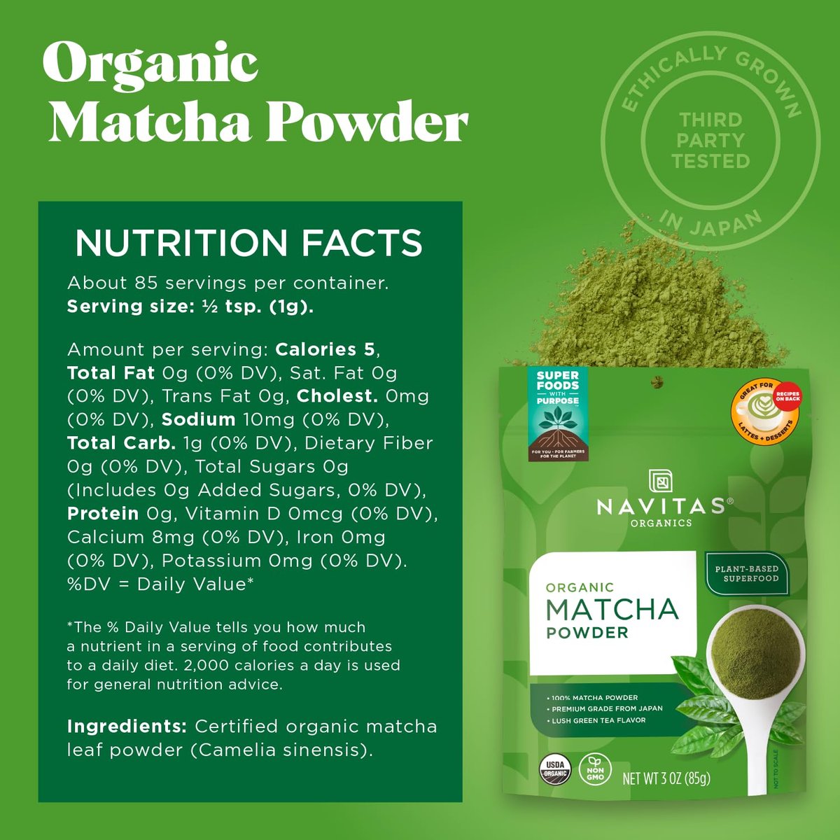 Navitas Organics Matcha-Pulver – Für Tee, Latte, Smoothies, Desserts & mehr – Energie & Antioxidantien – Premium-Kochqualität – USDA Bio, Nicht-GVO, Glutenfrei, Koscher, Vegan (85 g Beutel, 85 Portionen)
