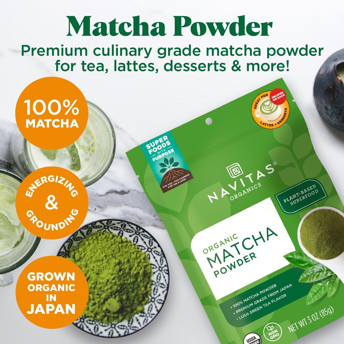 Navitas Organics Matcha-Pulver – Für Tee, Latte, Smoothies, Desserts & mehr – Energie & Antioxidantien – Premium-Kochqualität – USDA Bio, Nicht-GVO, Glutenfrei, Koscher, Vegan (85 g Beutel, 85 Portionen)