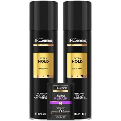 TRESemmé Haarlack Extra Stark, 2er-Pack, Feuchtigkeitsspendendes Haarspray, 24h Frizz-Kontrolle + Keratin Reparatur Maske (3-teiliges Set)