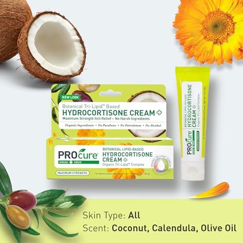 PROcure Maximum Strength Hydrocortisone Creme – 1% Hydrocortison mit Bio-Calendula, Kokosöl & Olivenöl – Linderung von Juckreiz, Hautausschlag & Rötungen