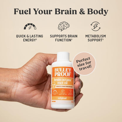 Bulletproof Brain Octane C8 MCT Öl Reisegröße, 85 ml – 100% reines Kokosöl, dreifach destilliertes Keto-Energie-Supplement für Kaffee & Smoothies, ungesüßt, ohne Zusatzstoffe oder Füllstoffe, nicht genetisch verändert