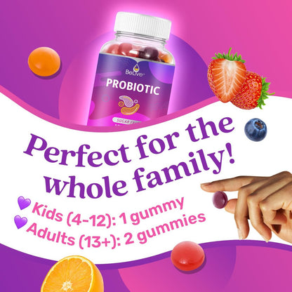 BeLive Probiotische Gummis – 5 Milliarden KBE für die Verdauungsgesundheit, Männer, Frauen & Kinder – zur Immununterstützung, zuckerfrei & vegan | 60 Stück – Blaubeere, Erdbeere & Orange