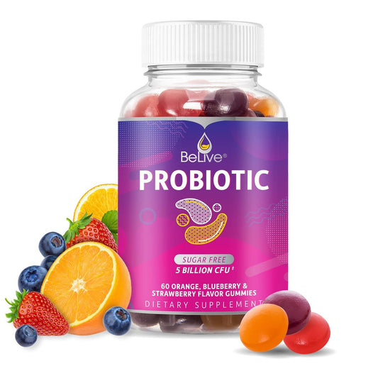 BeLive Probiotische Gummis – 5 Milliarden KBE für die Verdauungsgesundheit, Männer, Frauen & Kinder – zur Immununterstützung, zuckerfrei & vegan | 60 Stück – Blaubeere, Erdbeere & Orange
