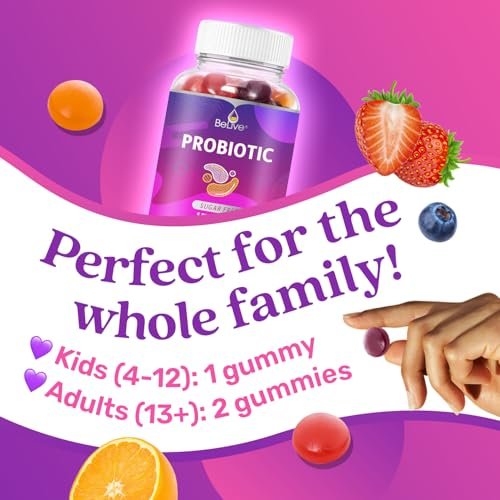 BeLive Probiotische Gummis – 5 Milliarden KBE für die Verdauungsgesundheit, Männer, Frauen & Kinder – zur Immununterstützung, zuckerfrei & vegan | 60 Stück – Blaubeere, Erdbeere & Orange