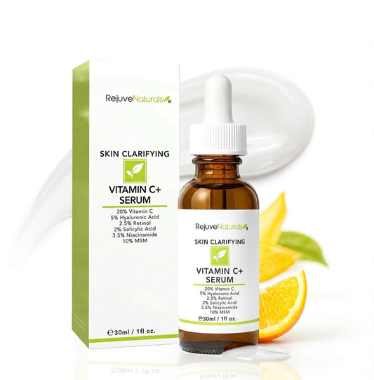 RejuveNaturals Vitamin C Serum Plus – 5% Hyaluronsäure, 2.5% Retinol, 2% Salicylsäure, 3.5% Niacinamid, 10% MSM, 20% Vitamin C – Anti-Aging Anti-Falten Hautreinigungs-Serum für Gesicht und Augen 30 ml