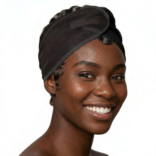DONNA Cool Mesh Wrap – Großer atmungsaktiver Haarturban für Frauen, verstellbarer Kopfwickel, bequemer Mesh-Haarturban zum Schlafen und für den täglichen Gebrauch, passend für alle Haartypen, Schwarz