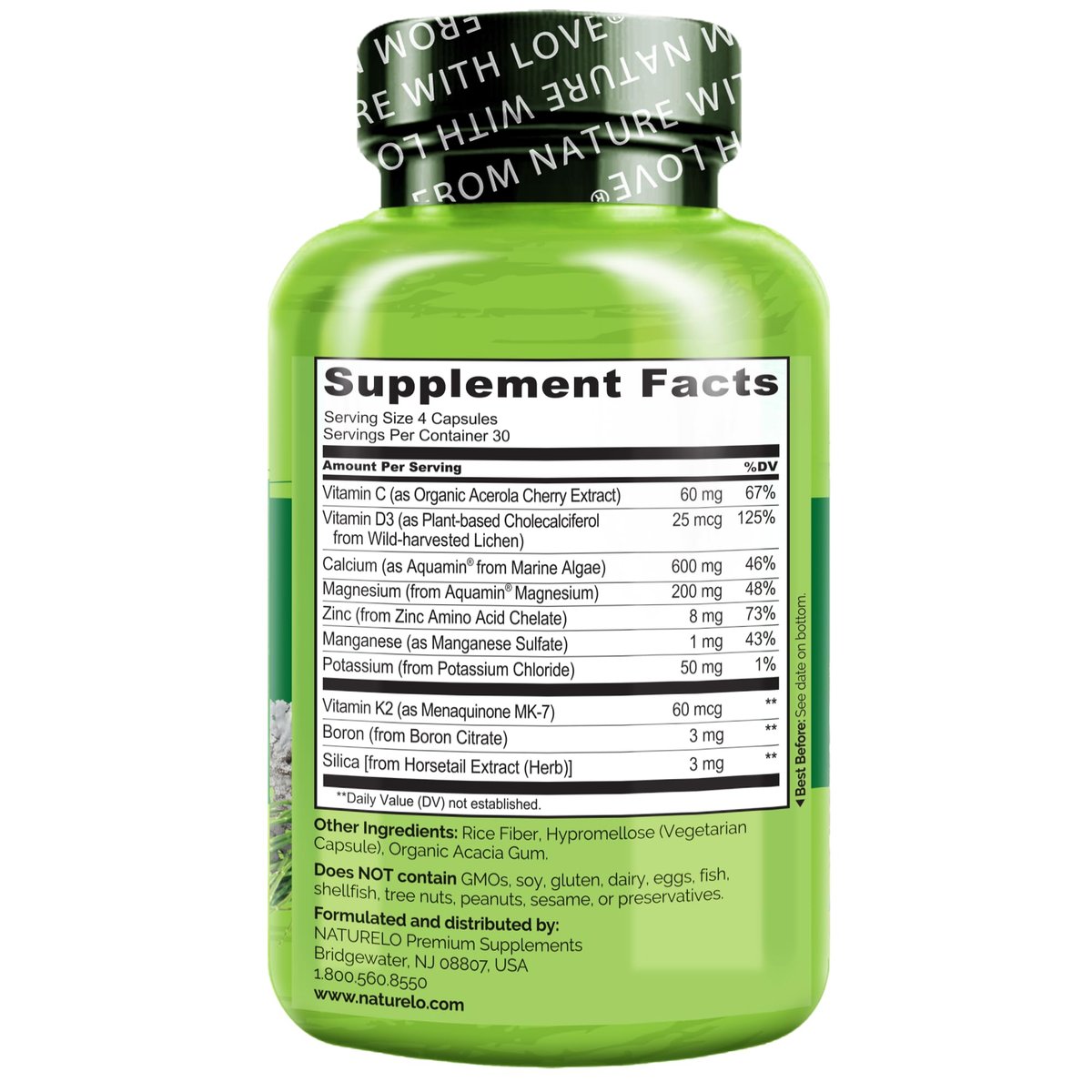 NATURELO Calcium Komplex mit Vitamin C, D3, K2, Magnesium und Zink – 120 Kapseln, pflanzlich, für starke Knochen