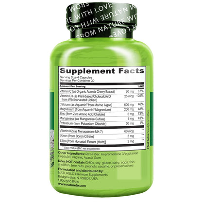 NATURELO Calcium Komplex mit Vitamin C, D3, K2, Magnesium und Zink – 120 Kapseln, pflanzlich, für starke Knochen