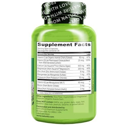 NATURELO Calcium Komplex mit Vitamin C, D3, K2, Magnesium und Zink – 120 Kapseln, pflanzlich, für starke Knochen