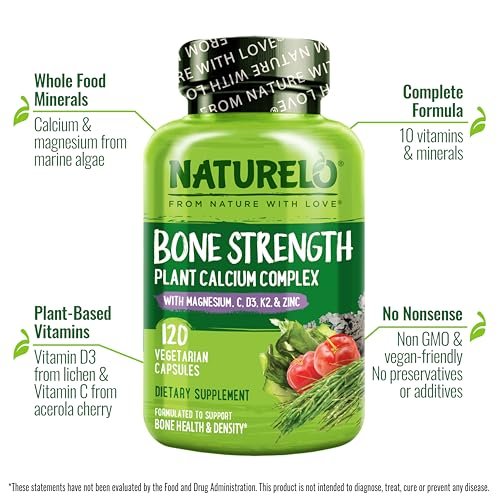 NATURELO Calcium Komplex mit Vitamin C, D3, K2, Magnesium und Zink – 120 Kapseln, pflanzlich, für starke Knochen