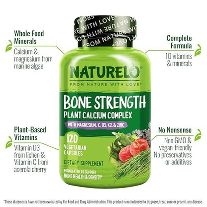 NATURELO Calcium Komplex mit Vitamin C, D3, K2, Magnesium und Zink – 120 Kapseln, pflanzlich, für starke Knochen