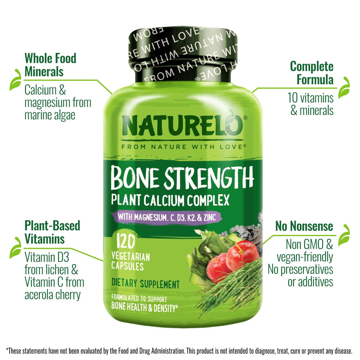 NATURELO Calcium Komplex mit Vitamin C, D3, K2, Magnesium und Zink – 120 Kapseln, pflanzlich, für starke Knochen