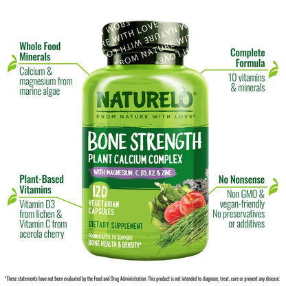 NATURELO Calcium Komplex mit Vitamin C, D3, K2, Magnesium und Zink – 120 Kapseln, pflanzlich, für starke Knochen