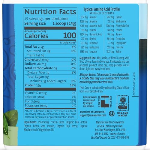 Sunwarrior Bio Pflanzliches Proteinpulver – Ungesüßtes veganes Protein mit BCAA-Aminosäuren & Hanfsamen-Erbsen-Mischung – Ohne Soja, Milchfüllstoffe & Gluten (Ungesüßt, 15 Portionen)