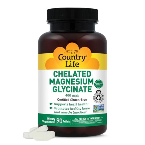 Country Life Chelat-Magnesiumglycinat 400 mg – Hochdosiertes Magnesium für innere Ruhe, Muskelentspannung, Energie & Knochenunterstützung – Zertifiziert glutenfrei, vegan, koscher, nicht-GVO – 90 Tabletten