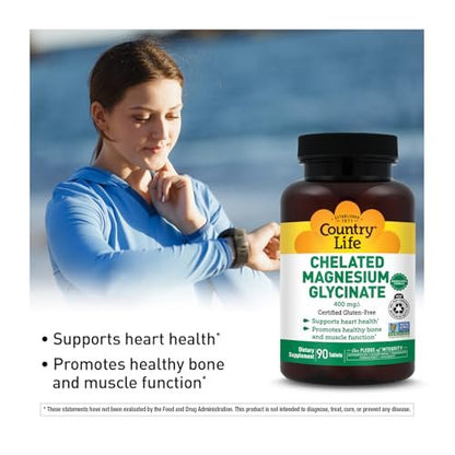 Country Life Chelat-Magnesiumglycinat 400 mg – Hochdosiertes Magnesium für innere Ruhe, Muskelentspannung, Energie & Knochenunterstützung – Zertifiziert glutenfrei, vegan, koscher, nicht-GVO – 90 Tabletten