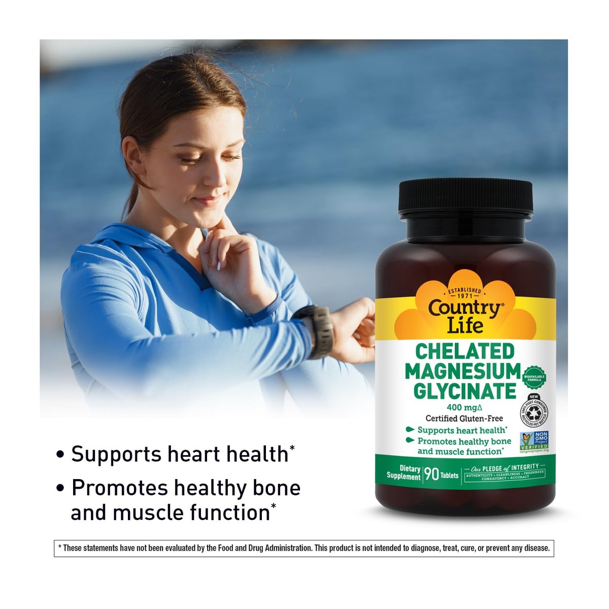 Country Life Chelat-Magnesiumglycinat 400 mg – Hochdosiertes Magnesium für innere Ruhe, Muskelentspannung, Energie & Knochenunterstützung – Zertifiziert glutenfrei, vegan, koscher, nicht-GVO – 90 Tabletten
