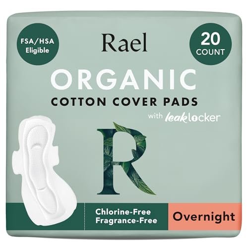 Rael Damenbinden für Frauen, Bio-Baumwollbezug – Menstruationsbinden mit Flügeln, Damenhygiene, Slipeinlagen, starke Saugfähigkeit, unparfümiert, extra dünn (Nachts, 20 Stück)