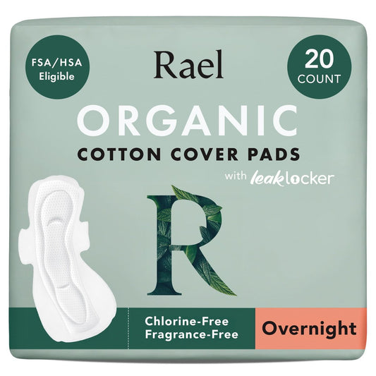 Rael Damenbinden für Frauen, Bio-Baumwollbezug – Menstruationsbinden mit Flügeln, Damenhygiene, Slipeinlagen, starke Saugfähigkeit, unparfümiert, extra dünn (Nachts, 20 Stück)