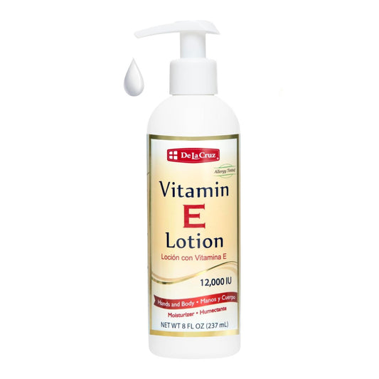 De La Cruz Vitamin E Lotion 12.000 IE mit Avocadoöl, Mandelöl & Aloe Vera – Feuchtigkeitslotion für trockene Haut, Körperlotion & Gesichtslotion für alle Hauttypen, 240 ml (8 FL OZ) Hergestellt in USA