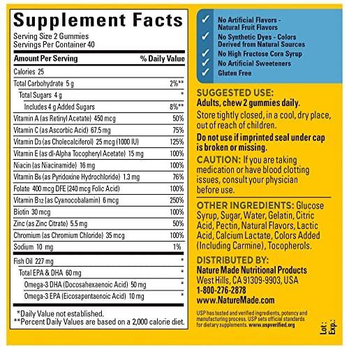 Nature Made Männermultivitamin Gummis mit Omega-3 – Tägliche Nährstoffversorgung, 80 Gummis, 40 Tage Vorrat