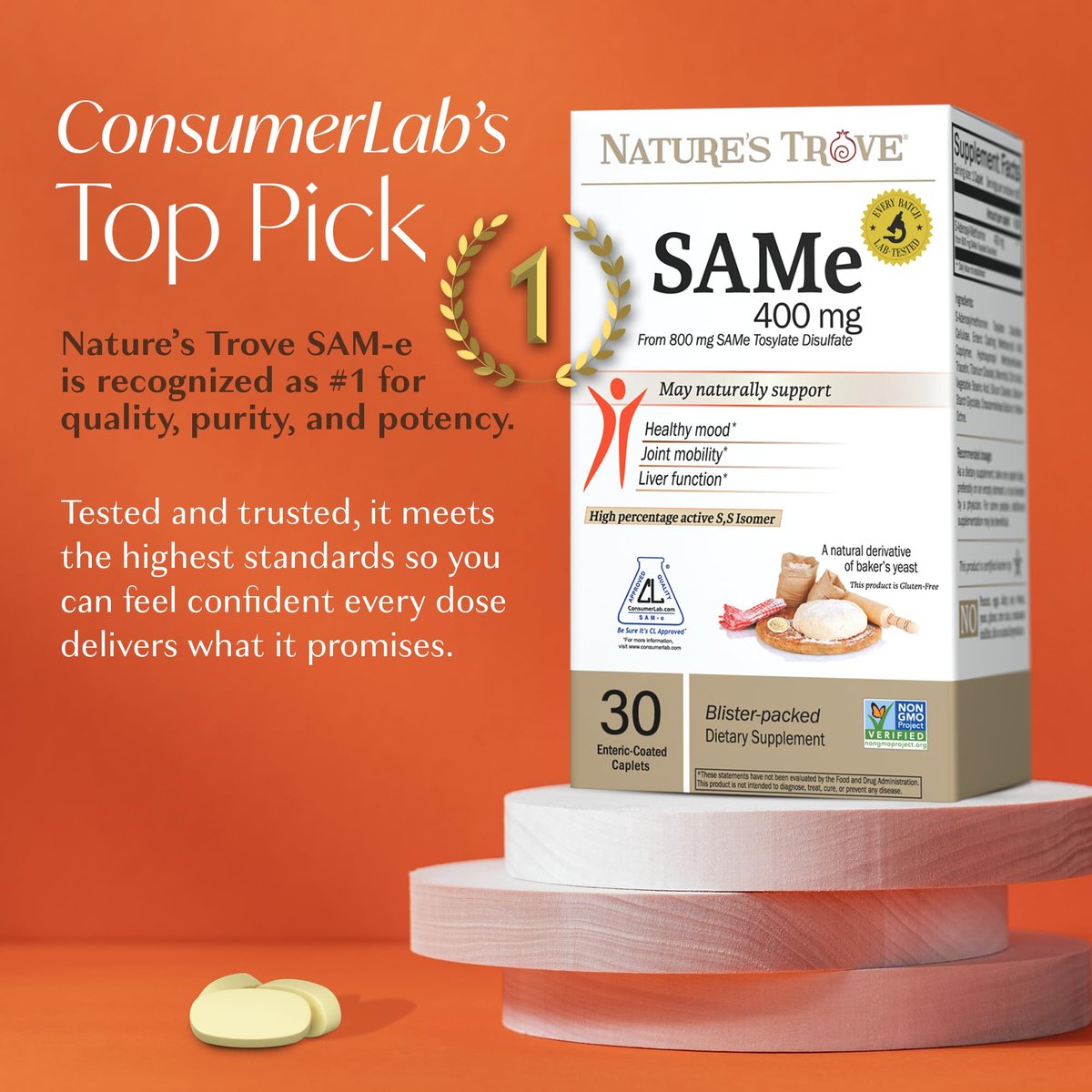 Nature's Trove SAM-e 400mg 30 magensaftresistente Kapseln - Vegan, Koscher, Nicht-GVO, Sojafrei, Glutenfrei - Stimmungs- und Gelenkunterstützung - Kaltgeformte Blisterverpackung
