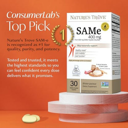 Nature's Trove SAM-e 400mg 30 magensaftresistente Kapseln - Vegan, Koscher, Nicht-GVO, Sojafrei, Glutenfrei - Stimmungs- und Gelenkunterstützung - Kaltgeformte Blisterverpackung