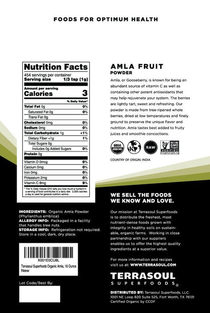 Terrasoul Superfoods Bio Amla-Pulver (Amalaki), 454 g – Reich an Antioxidantien und Vitamin C | Unterstützt das Immunsystem