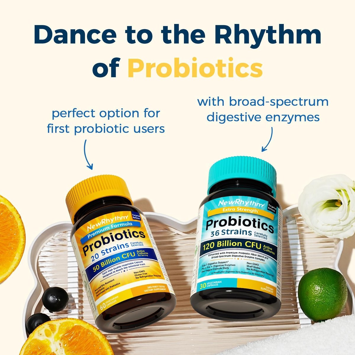 NewRhythm Probiotika 50 Milliarden KBE 20 Stämme, 60 vegane Kapseln, Magensaftresistent, ohne Kühlung, Non-GMO, Glutenfrei