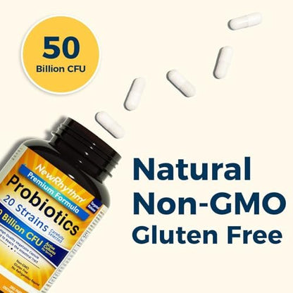 NewRhythm Probiotika 50 Milliarden KBE 20 Stämme, 60 vegane Kapseln, Magensaftresistent, ohne Kühlung, Non-GMO, Glutenfrei