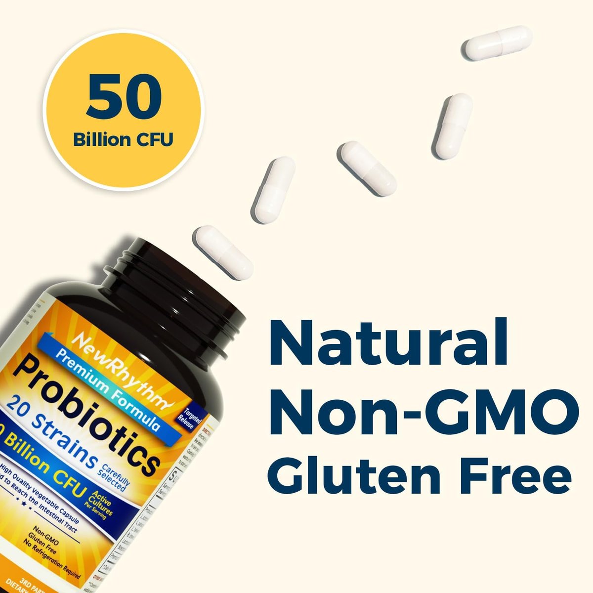 NewRhythm Probiotika 50 Milliarden KBE 20 Stämme, 60 vegane Kapseln, Magensaftresistent, ohne Kühlung, Non-GMO, Glutenfrei