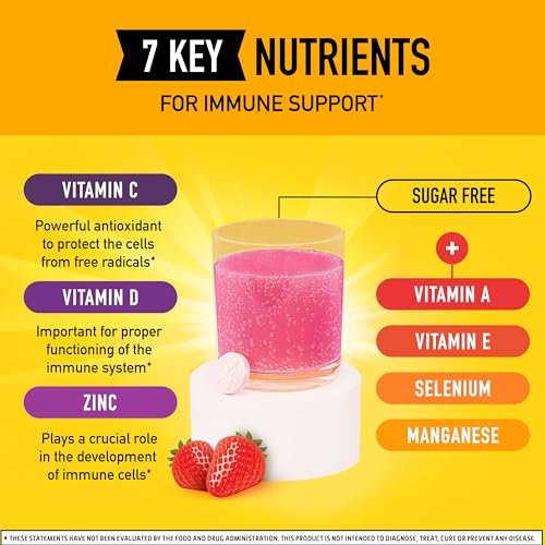 Airborne Immune Support Brausetabletten, Very Berry Geschmack – 30 Stück mit 1000 mg Vitamin C + Vitamin A, D, E, Zink, Selen, Mangan & Kräutermischung – Zuckerfrei, Glutenfrei