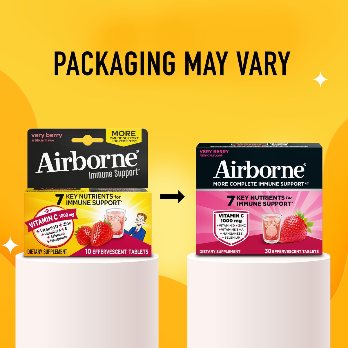 Airborne Immune Support Brausetabletten, Very Berry Geschmack – 30 Stück mit 1000 mg Vitamin C + Vitamin A, D, E, Zink, Selen, Mangan & Kräutermischung – Zuckerfrei, Glutenfrei