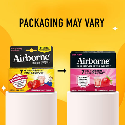 Airborne Immune Support Brausetabletten, Very Berry Geschmack – 30 Stück mit 1000 mg Vitamin C + Vitamin A, D, E, Zink, Selen, Mangan & Kräutermischung – Zuckerfrei, Glutenfrei