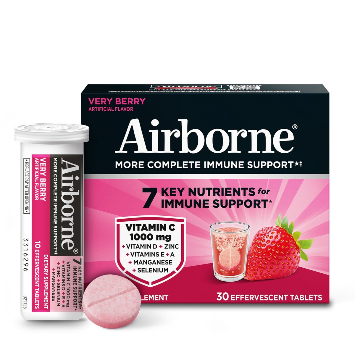 Airborne Immune Support Brausetabletten, Very Berry Geschmack – 30 Stück mit 1000 mg Vitamin C + Vitamin A, D, E, Zink, Selen, Mangan & Kräutermischung – Zuckerfrei, Glutenfrei