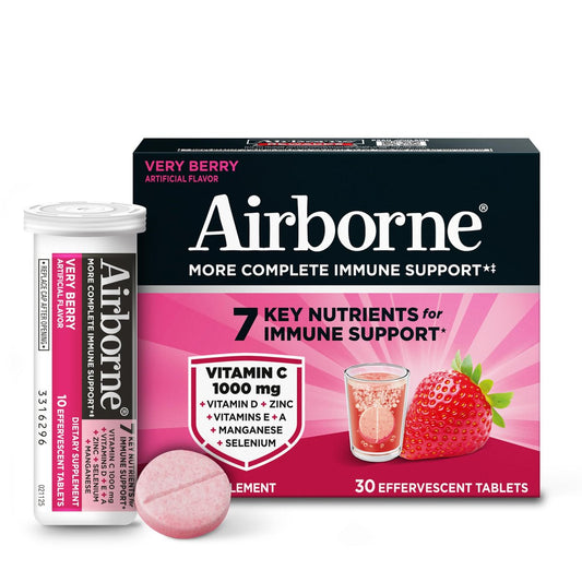 Airborne Immune Support Brausetabletten, Very Berry Geschmack – 30 Stück mit 1000 mg Vitamin C + Vitamin A, D, E, Zink, Selen, Mangan & Kräutermischung – Zuckerfrei, Glutenfrei