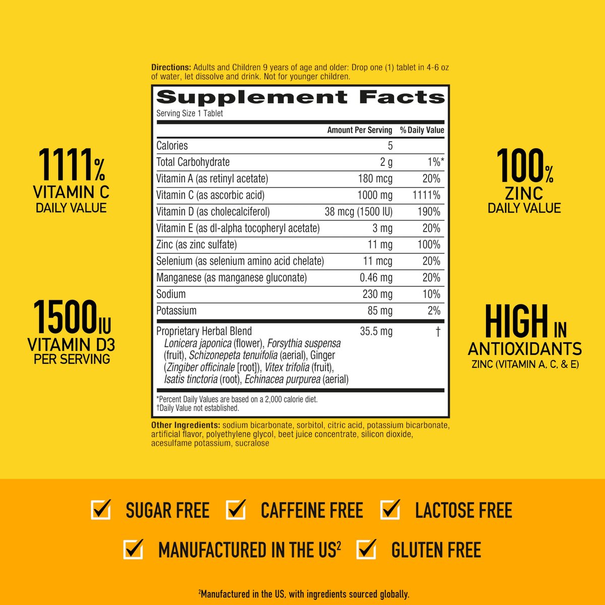 Airborne Immune Support Brausetabletten, Very Berry Geschmack – 30 Stück mit 1000 mg Vitamin C + Vitamin A, D, E, Zink, Selen, Mangan & Kräutermischung – Zuckerfrei, Glutenfrei