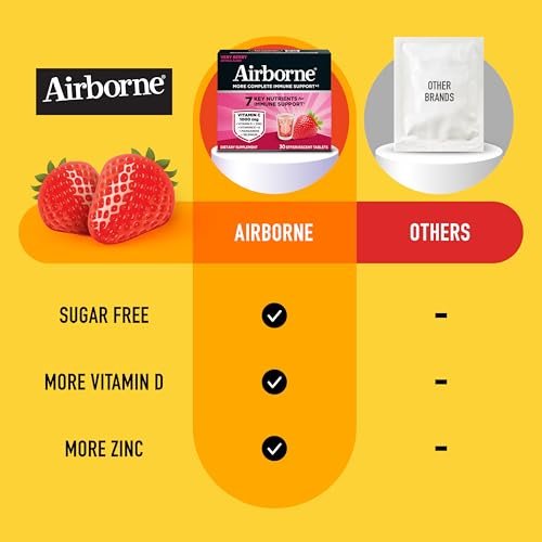 Airborne Immune Support Brausetabletten, Very Berry Geschmack – 30 Stück mit 1000 mg Vitamin C + Vitamin A, D, E, Zink, Selen, Mangan & Kräutermischung – Zuckerfrei, Glutenfrei