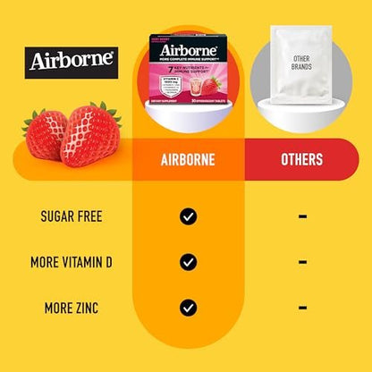 Airborne Immune Support Brausetabletten, Very Berry Geschmack – 30 Stück mit 1000 mg Vitamin C + Vitamin A, D, E, Zink, Selen, Mangan & Kräutermischung – Zuckerfrei, Glutenfrei