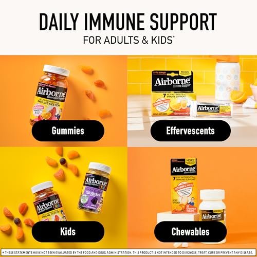 Airborne Immune Support Brausetabletten, Very Berry Geschmack – 30 Stück mit 1000 mg Vitamin C + Vitamin A, D, E, Zink, Selen, Mangan & Kräutermischung – Zuckerfrei, Glutenfrei