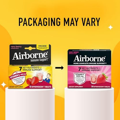 Airborne Immune Support Brausetabletten, Very Berry Geschmack – 30 Stück mit 1000 mg Vitamin C + Vitamin A, D, E, Zink, Selen, Mangan & Kräutermischung – Zuckerfrei, Glutenfrei
