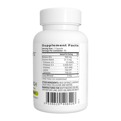 BIOptimizers HCL Breakthrough – Betain-Hydrochlorid-Enzym-Supplement – Unterstützt Proteinabbau und -aufnahme – Hilft bei Blähungen und Sodbrennen – 90 pepsinfreie Kapseln