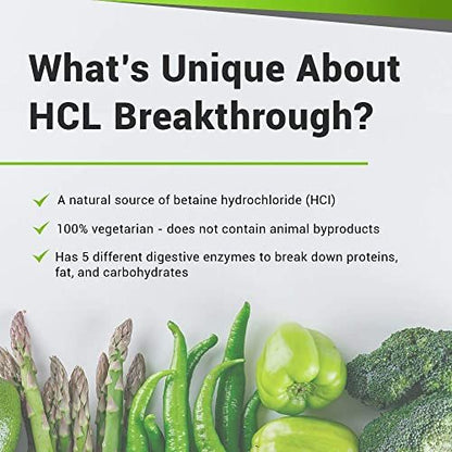 BIOptimizers HCL Breakthrough – Betain-Hydrochlorid-Enzym-Supplement – Unterstützt Proteinabbau und -aufnahme – Hilft bei Blähungen und Sodbrennen – 90 pepsinfreie Kapseln
