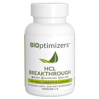 BIOptimizers HCL Breakthrough – Betain-Hydrochlorid-Enzym-Supplement – Unterstützt Proteinabbau und -aufnahme – Hilft bei Blähungen und Sodbrennen – 90 pepsinfreie Kapseln